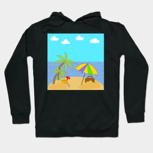 A vacation on a beach with palm trees, Ocean, sky and clouds with Umbrella, suitcase and beach toys. Hoodie